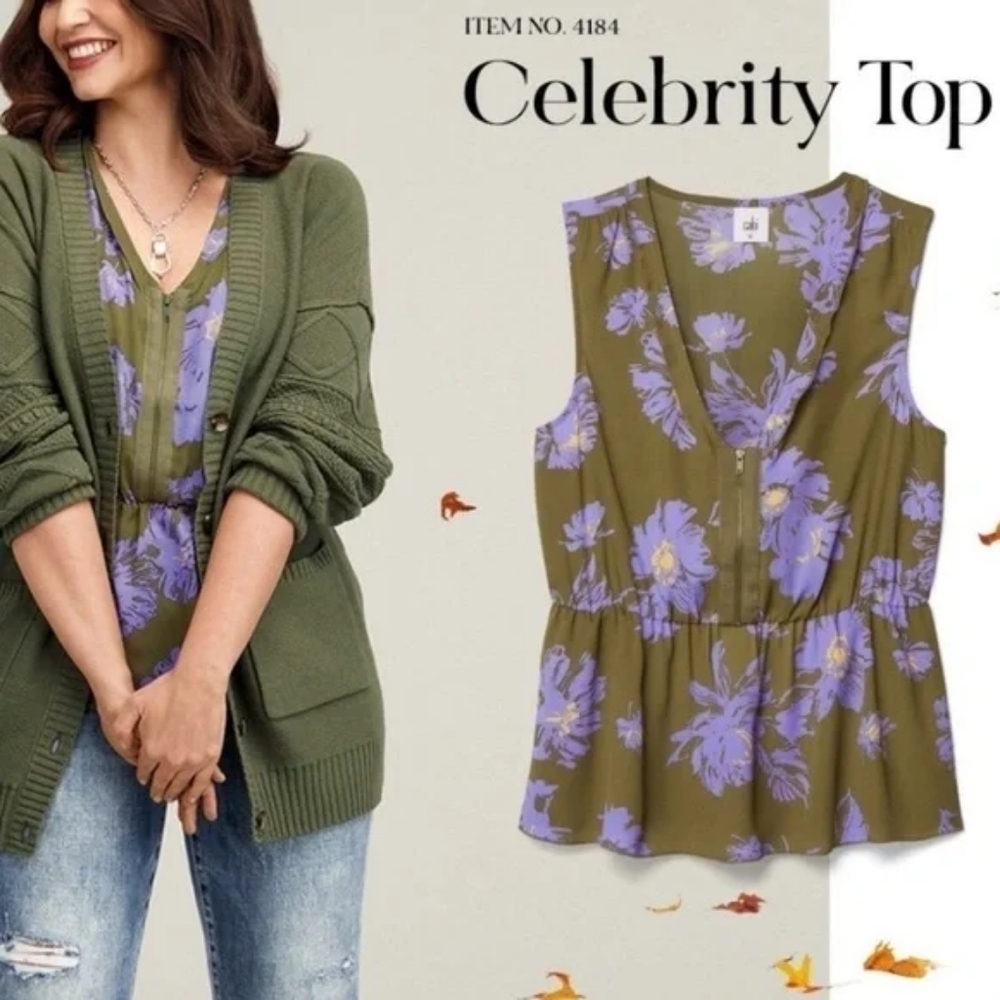🔥CABI #4184 Celebrity Green Floral Print Zipper Front Sleeveless Blouse, Size M